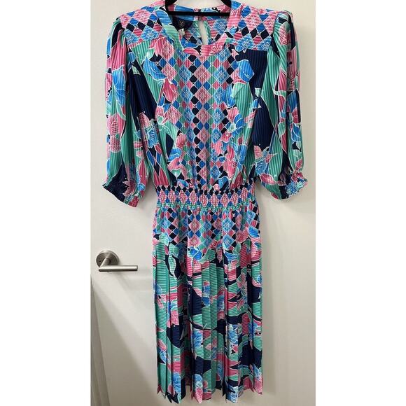 Vintage Mayeelok Blouson Dress Womens small S Colorful Floral Satin Pleated 80s‎ - Picture 4 of 6
